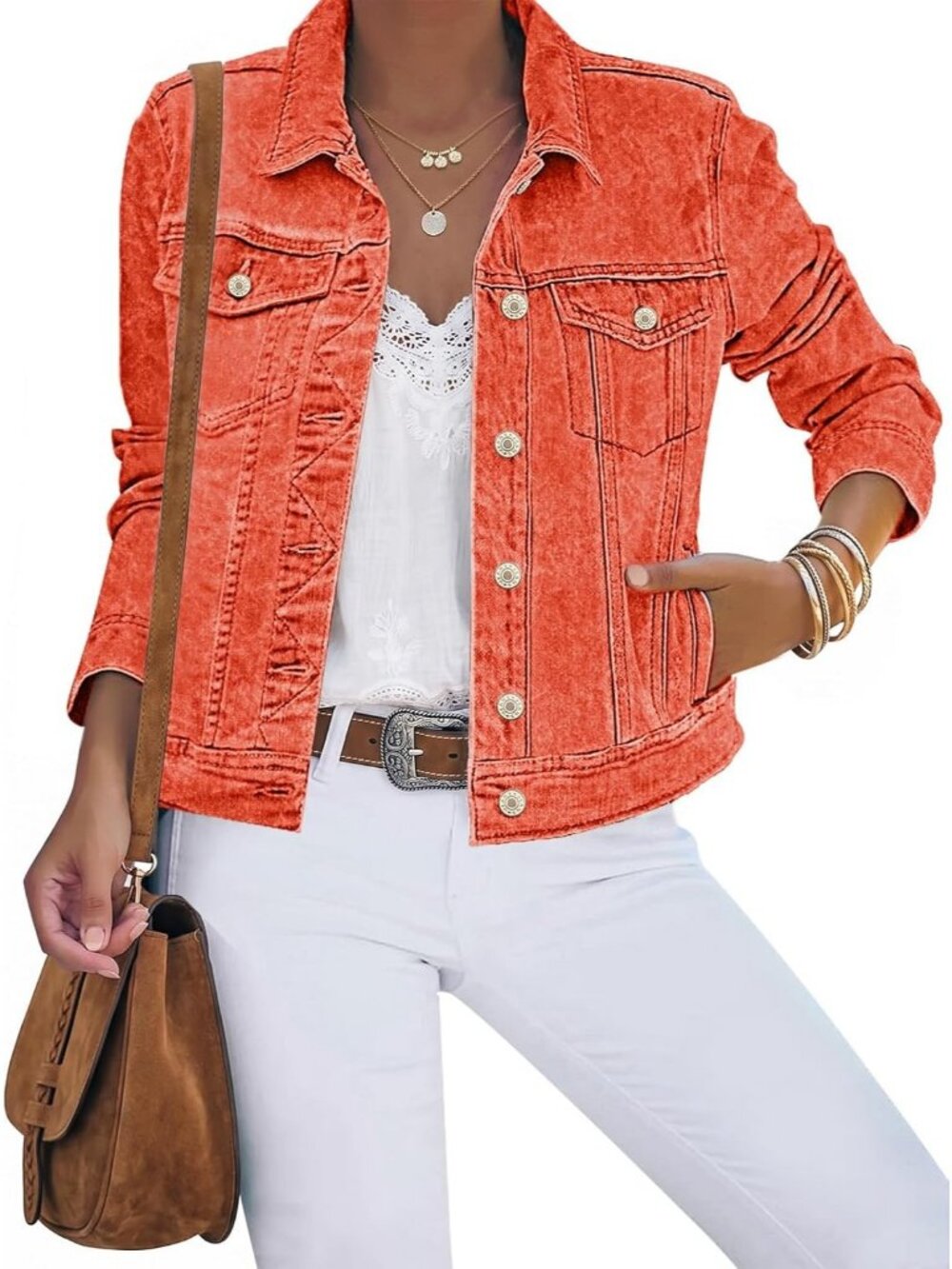Women's Orange Cotton Button Down Stretch Fitted Long Sleeve Jean Jacket